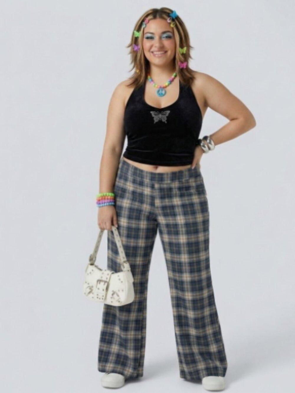 HALARA High Waisted Plaid Plus Size‎ Wide Leg Casual Pants Blue